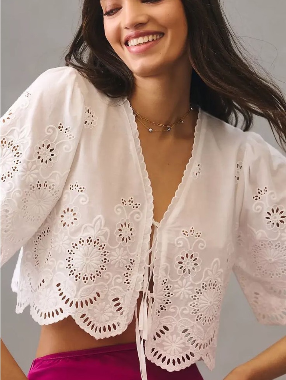 Anthropologie White Eyelet Tie-Front Cropped Blouse